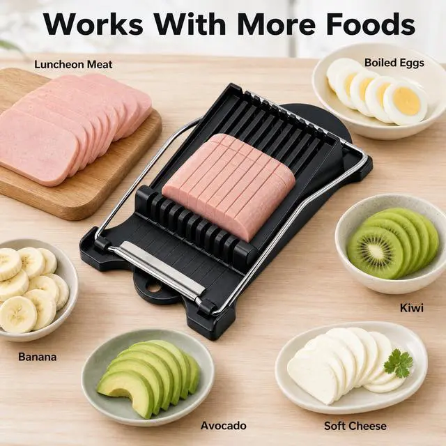 Alt view image 2 of 3 - Luncheon Meat Slicer, Spam Cutter with 10 Stainless Steel Wires, Slice Tool for Boiled Eggs, Banana, Avocado, Black