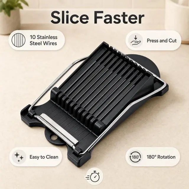 Alt view image 3 of 3 - Luncheon Meat Slicer, Spam Cutter with 10 Stainless Steel Wires, Slice Tool for Boiled Eggs, Banana, Avocado, Black