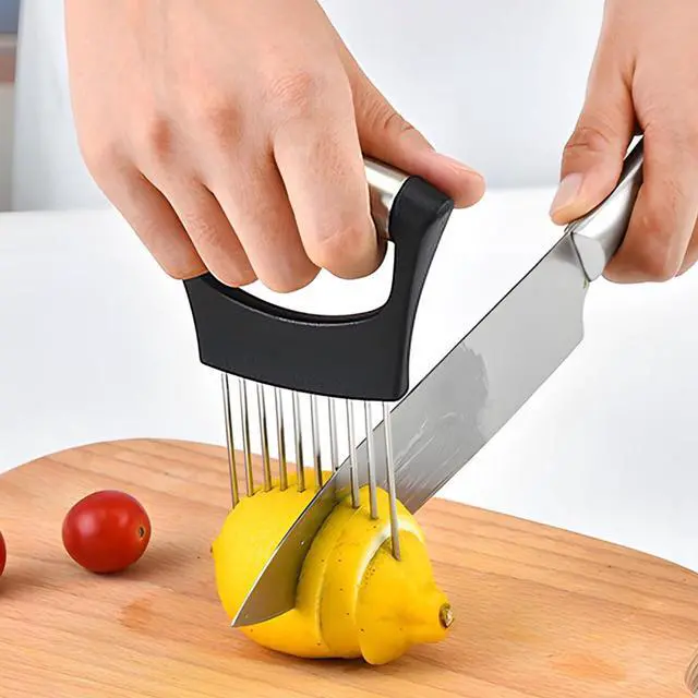 Alt view image 6 of 7 - Stainless steel onion slicer, for lemon, potato, tomato, avocado, egg, food slicer, auxiliary tool for fruit vegetable and meat slicing