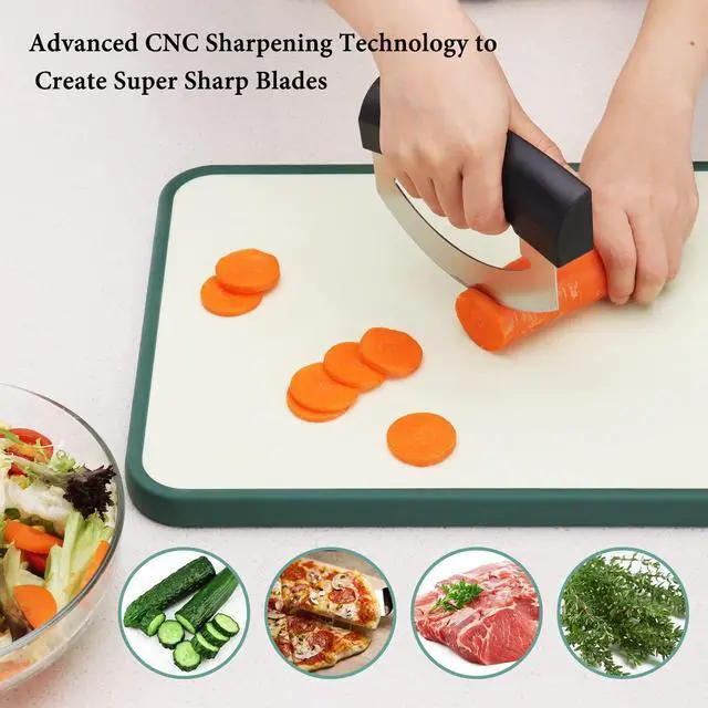 Alt view image 3 of 7 - Come Apart Mezzaluna Salad Chopper Knife Tool, Easy Cleaning, Super Sharp Double Blade Stainless Steel Rocker Knife for Lettuce Vegetables w/Blade Covers, Pizza Cutter Slicer