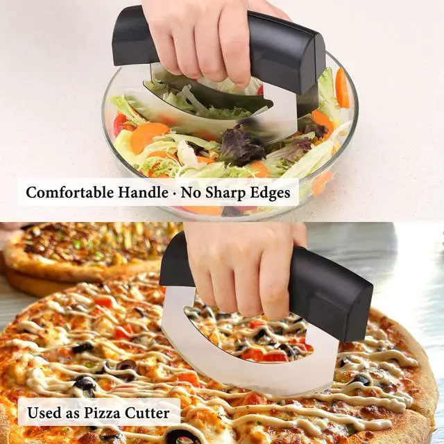 Alt view image 4 of 7 - Come Apart Mezzaluna Salad Chopper Knife Tool, Easy Cleaning, Super Sharp Double Blade Stainless Steel Rocker Knife for Lettuce Vegetables w/Blade Covers, Pizza Cutter Slicer