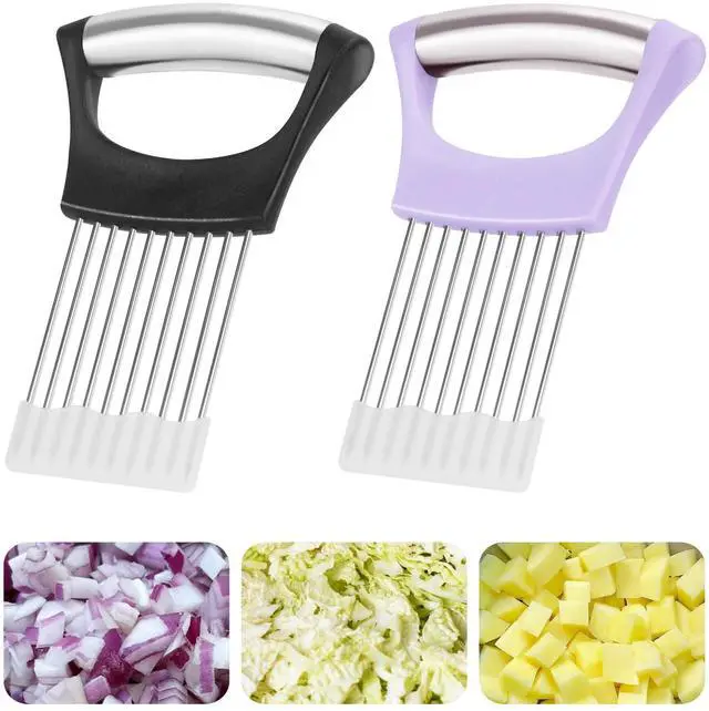 Main image of 2PCs Stainless Steel Onion Slicer Holder, Onion Cutter Holder for Slicing of Onions,Tomatoes,Avocados,Eggs and Other Vegetables,KItchen Utensils (Purple & Black)