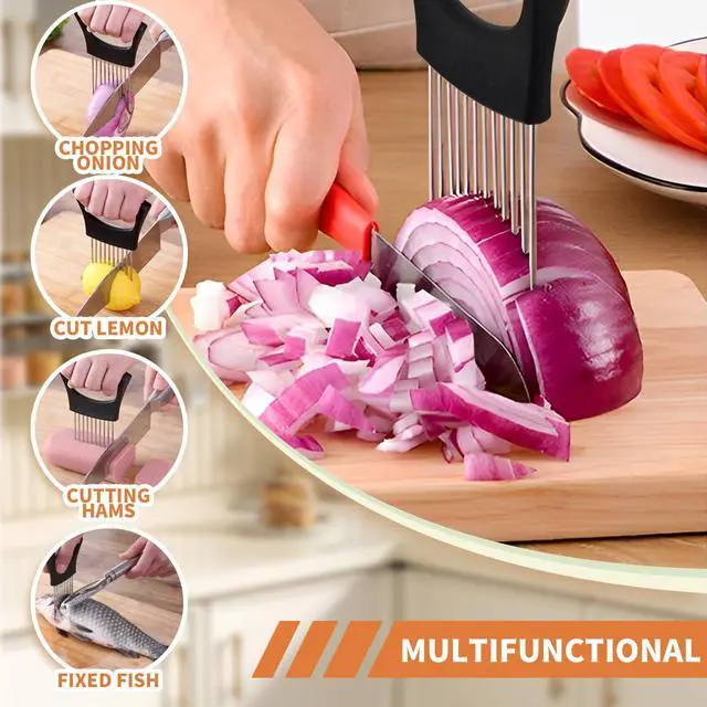Alt view image 5 of 7 - 2PCs Stainless Steel Onion Slicer Holder, Onion Cutter Holder for Slicing of Onions,Tomatoes,Avocados,Eggs and Other Vegetables,KItchen Utensils (Purple & Black)
