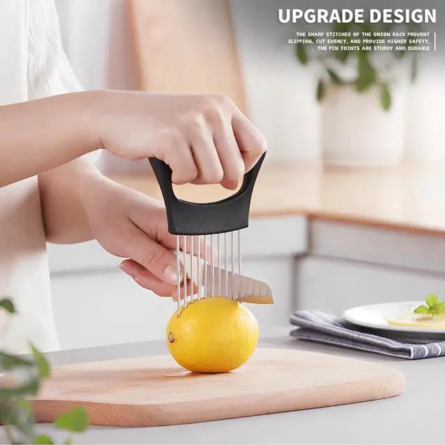 Alt view image 6 of 7 - 2PCs Stainless Steel Onion Slicer Holder, Onion Cutter Holder for Slicing of Onions,Tomatoes,Avocados,Eggs and Other Vegetables,KItchen Utensils (Purple & Black)