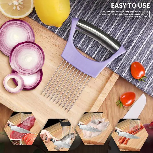 Alt view image 7 of 7 - 2PCs Stainless Steel Onion Slicer Holder, Onion Cutter Holder for Slicing of Onions,Tomatoes,Avocados,Eggs and Other Vegetables,KItchen Utensils (Purple & Black)
