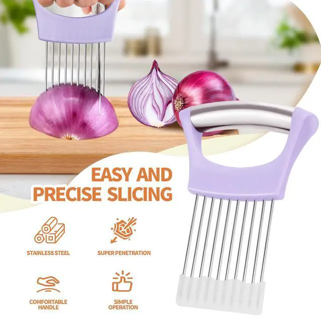 Alt view image 3 of 7 - 2PCs Stainless Steel Onion Slicer Holder, Onion Cutter Holder for Slicing of Onions,Tomatoes,Avocados,Eggs and Other Vegetables,KItchen Utensils (Purple & Black)