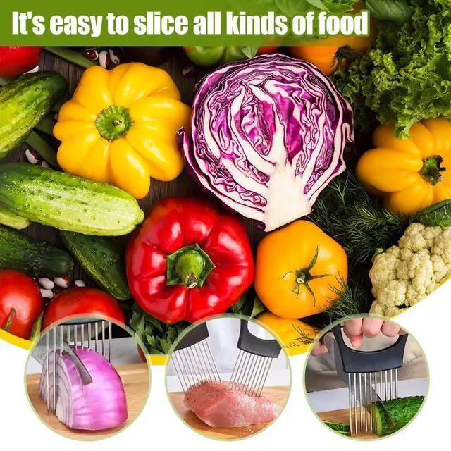 Alt view image 2 of 7 - 2024 New Stainless Steel Onion Slice Holder, Multifunctional Onion Slicer Chopper Vegetable Cutter, Premium Avocados Lemon Potato Tomato Carrots and Other Vegetable Fixing Slicer (1)