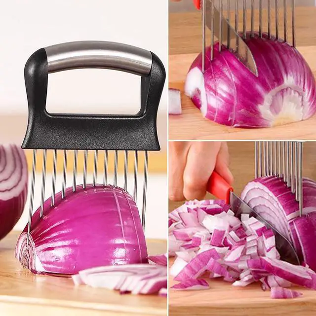 Alt view image 7 of 7 - 2024 New Stainless Steel Onion Slice Holder, Multifunctional Onion Slicer Chopper Vegetable Cutter, Premium Avocados Lemon Potato Tomato Carrots and Other Vegetable Fixing Slicer (1)