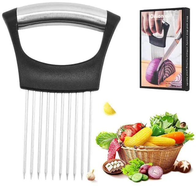 Main image of 2024 New Stainless Steel Onion Slice Holder, Multifunctional Onion Slicer Chopper Vegetable Cutter, Premium Avocados Lemon Potato Tomato Carrots and Other Vegetable Fixing Slicer (1)