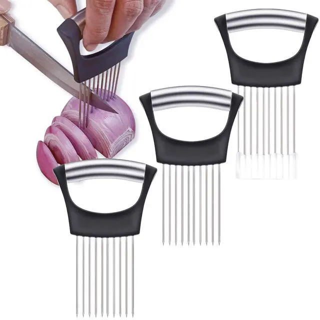 Main image of Pieces Onion Holder for Slicing, Stainless Steel Onion Cutter for Slicing, Potato Lemon Slicer Tomato Slicers Kitchen Comb for Onions, Tomatoes, Avocados, Eggs, Lemon, Potatos (Black)