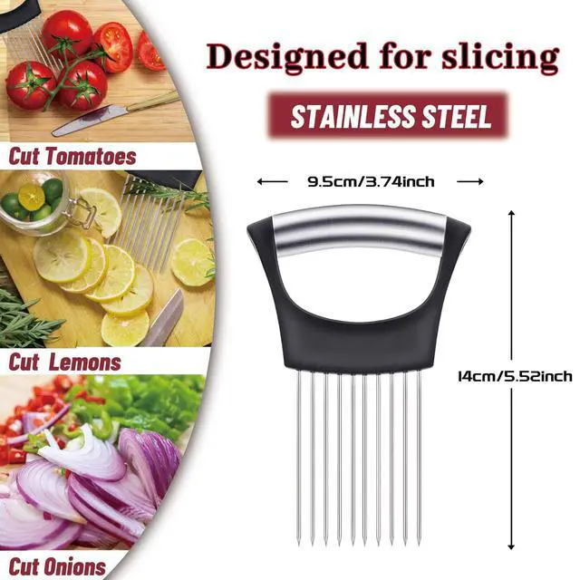 Alt view image 2 of 7 - Pieces Onion Holder for Slicing, Stainless Steel Onion Cutter for Slicing, Potato Lemon Slicer Tomato Slicers Kitchen Comb for Onions, Tomatoes, Avocados, Eggs, Lemon, Potatos (Black)