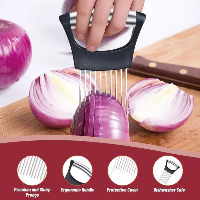 Alt view image 3 of 7 - Pieces Onion Holder for Slicing, Stainless Steel Onion Cutter for Slicing, Potato Lemon Slicer Tomato Slicers Kitchen Comb for Onions, Tomatoes, Avocados, Eggs, Lemon, Potatos (Black)