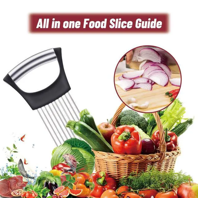 Alt view image 6 of 7 - Pieces Onion Holder for Slicing, Stainless Steel Onion Cutter for Slicing, Potato Lemon Slicer Tomato Slicers Kitchen Comb for Onions, Tomatoes, Avocados, Eggs, Lemon, Potatos (Black)