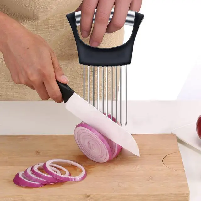 Alt view image 7 of 7 - Pieces Onion Holder for Slicing, Stainless Steel Onion Cutter for Slicing, Potato Lemon Slicer Tomato Slicers Kitchen Comb for Onions, Tomatoes, Avocados, Eggs, Lemon, Potatos (Black)