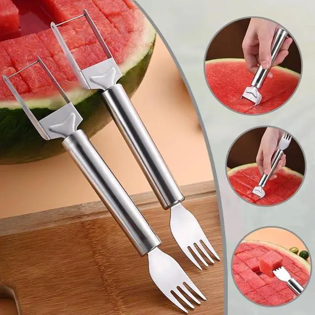 Alt view image 4 of 6 - 2-in-1 Stainless Steel Fruit Cutter, Upgraded Watermelon Slicer, Dual Head Fruit Forks for Home, Kitchen, Camping (1PCS)