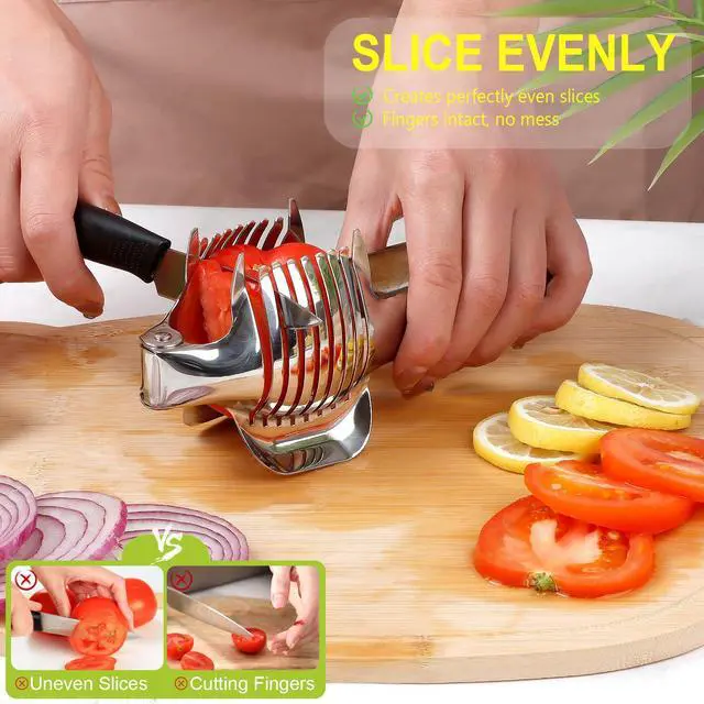 Alt view image 3 of 7 - Tomato Slicer Holder with Paring Knife, Lemon Cutter Slicer for Slicing, Stainless Steel Onion Holder for Slicing, Vegetable Cutter for Tomato, Lemon