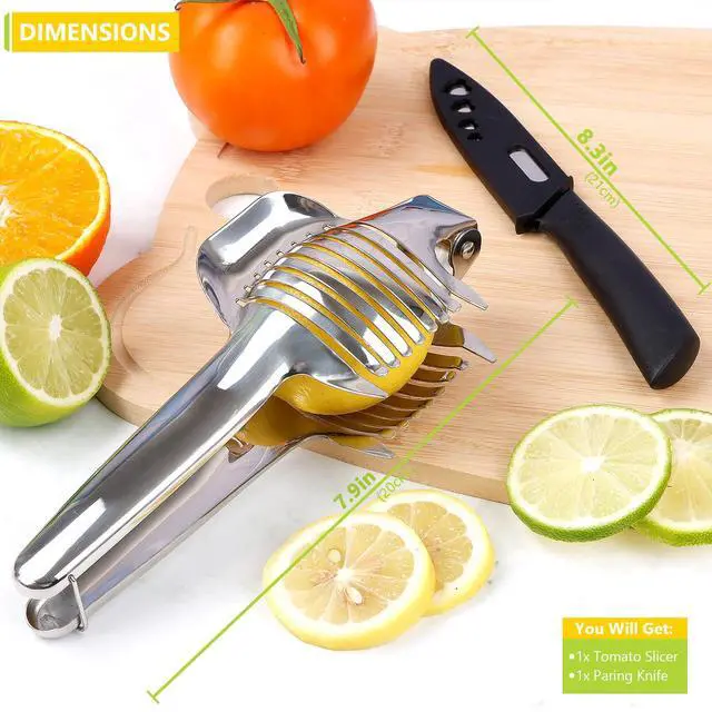 Alt view image 6 of 7 - Tomato Slicer Holder with Paring Knife, Lemon Cutter Slicer for Slicing, Stainless Steel Onion Holder for Slicing, Vegetable Cutter for Tomato, Lemon