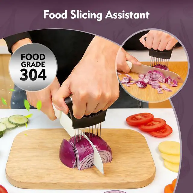 Alt view image 3 of 7 - Onion Holder for Slicing, Stainless Steel Onion Slicer Holder, Onion Slicer Cutter Chopper, Vegetable Fruit Tomato Slicer, Food Vegetable Chopper, Kitchen Gadgets