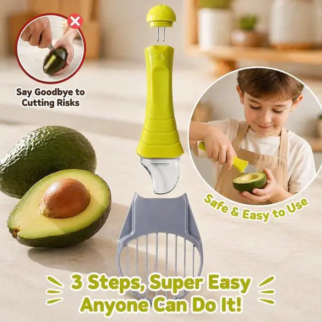 Alt view image 3 of 7 - Slicer Tool 3 in 1, Avocado Cutter Tool, Avocado Peeler - 3-in-1: Slice/Pit/Scoop, Safe & Easy for All Ages, Slides into Drawer, Great Gift for Friends/Colleagues - Avacado Tool