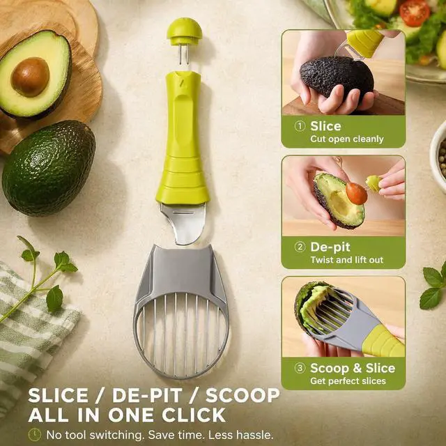 Alt view image 2 of 7 - Slicer Tool 3 in 1, Avocado Cutter Tool, Avocado Peeler - 3-in-1: Slice/Pit/Scoop, Safe & Easy for All Ages, Slides into Drawer, Great Gift for Friends/Colleagues - Avacado Tool