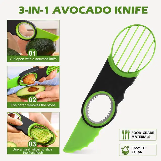 Alt view image 3 of 7 - 3-in-1 Avocado Slicer Knife with Pitter & Peeler, Stainless Steel Blade Avocado Cutter Tool for Slicing, Pitting & Scooping Dishwasher Safe, Green