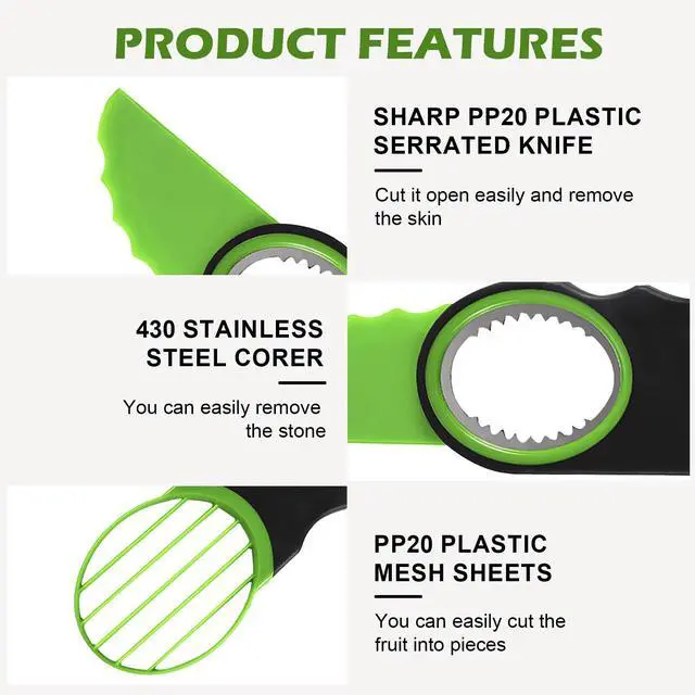 Alt view image 4 of 7 - 3-in-1 Avocado Slicer Knife with Pitter & Peeler, Stainless Steel Blade Avocado Cutter Tool for Slicing, Pitting & Scooping Dishwasher Safe, Green