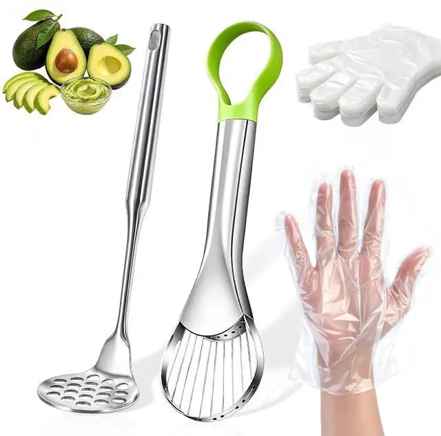 Main image of Avocado Slicer Tool Set,Stainless Steel 3-in-1 Avocados Slicer and Masher with Disposable Clear Gloves,Multi-Function Avocado Cutter and Pit Remover for Kitchen,Salads,Sandwiches