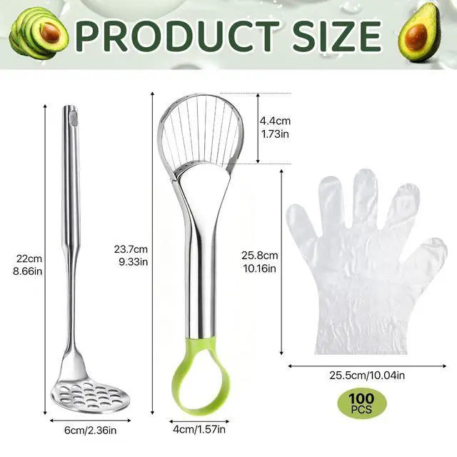 Alt view image 2 of 7 - Avocado Slicer Tool Set,Stainless Steel 3-in-1 Avocados Slicer and Masher with Disposable Clear Gloves,Multi-Function Avocado Cutter and Pit Remover for Kitchen,Salads,Sandwiches