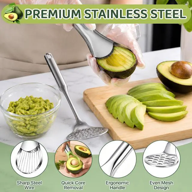 Alt view image 3 of 7 - Avocado Slicer Tool Set,Stainless Steel 3-in-1 Avocados Slicer and Masher with Disposable Clear Gloves,Multi-Function Avocado Cutter and Pit Remover for Kitchen,Salads,Sandwiches