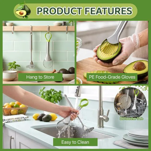 Alt view image 4 of 7 - Avocado Slicer Tool Set,Stainless Steel 3-in-1 Avocados Slicer and Masher with Disposable Clear Gloves,Multi-Function Avocado Cutter and Pit Remover for Kitchen,Salads,Sandwiches