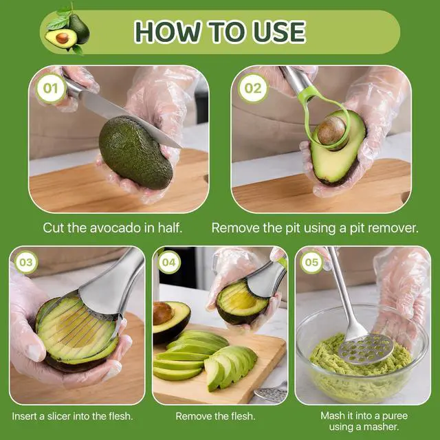 Alt view image 5 of 7 - Avocado Slicer Tool Set,Stainless Steel 3-in-1 Avocados Slicer and Masher with Disposable Clear Gloves,Multi-Function Avocado Cutter and Pit Remover for Kitchen,Salads,Sandwiches