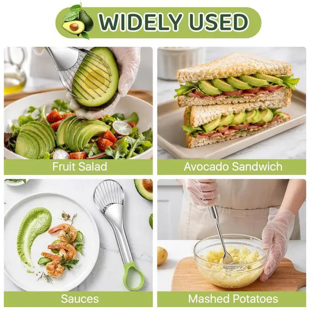 Alt view image 7 of 7 - Avocado Slicer Tool Set,Stainless Steel 3-in-1 Avocados Slicer and Masher with Disposable Clear Gloves,Multi-Function Avocado Cutter and Pit Remover for Kitchen,Salads,Sandwiches