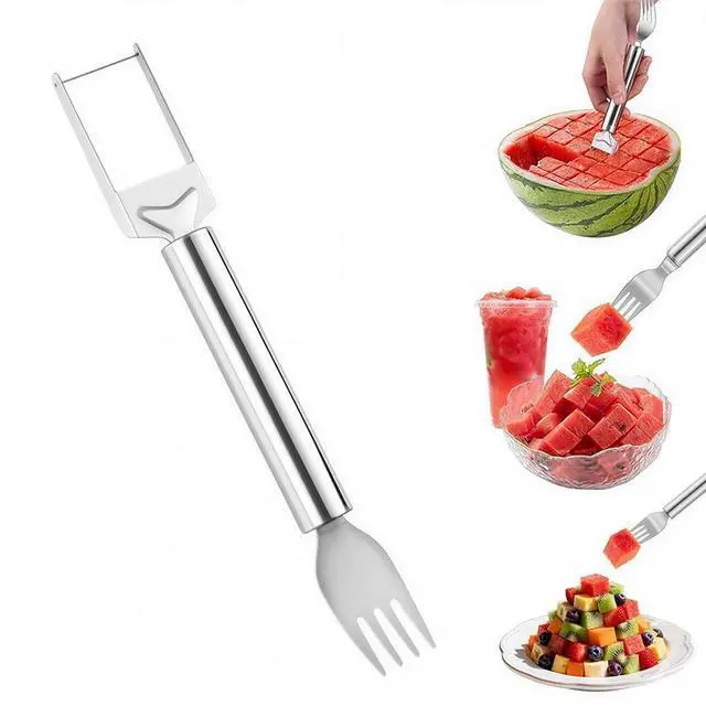 Main image of 2-in-1 Stainless Steel Fruit Cutter, Watermelon Fork Slicer Tool, Watermelon Slicer and Fork, Dual Head Knife with Round Handle for Kitchen Fruit Cubes (1 Piece)