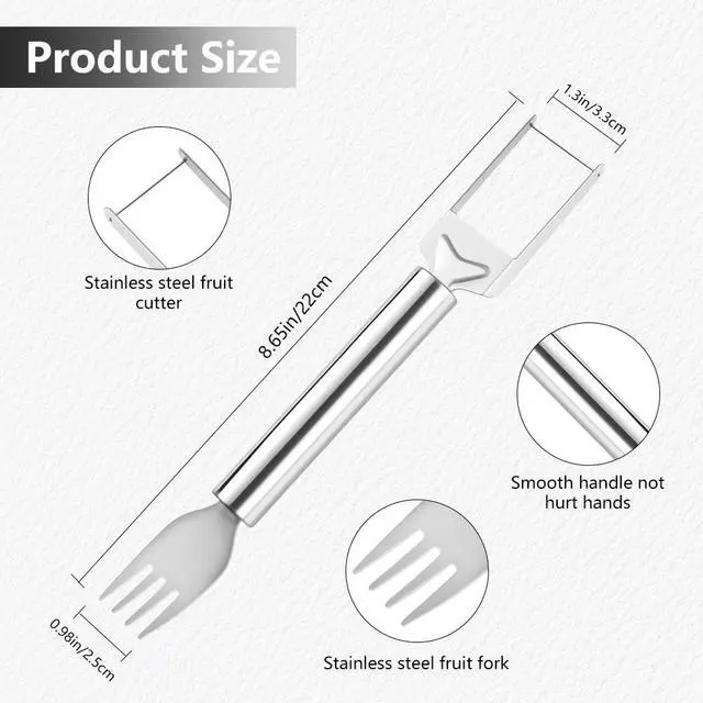 Alt view image 2 of 7 - 2-in-1 Stainless Steel Fruit Cutter, Watermelon Fork Slicer Tool, Watermelon Slicer and Fork, Dual Head Knife with Round Handle for Kitchen Fruit Cubes (1 Piece)