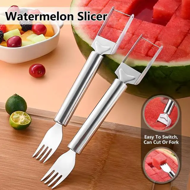 Alt view image 3 of 7 - 2-in-1 Stainless Steel Fruit Cutter, Watermelon Fork Slicer Tool, Watermelon Slicer and Fork, Dual Head Knife with Round Handle for Kitchen Fruit Cubes (1 Piece)