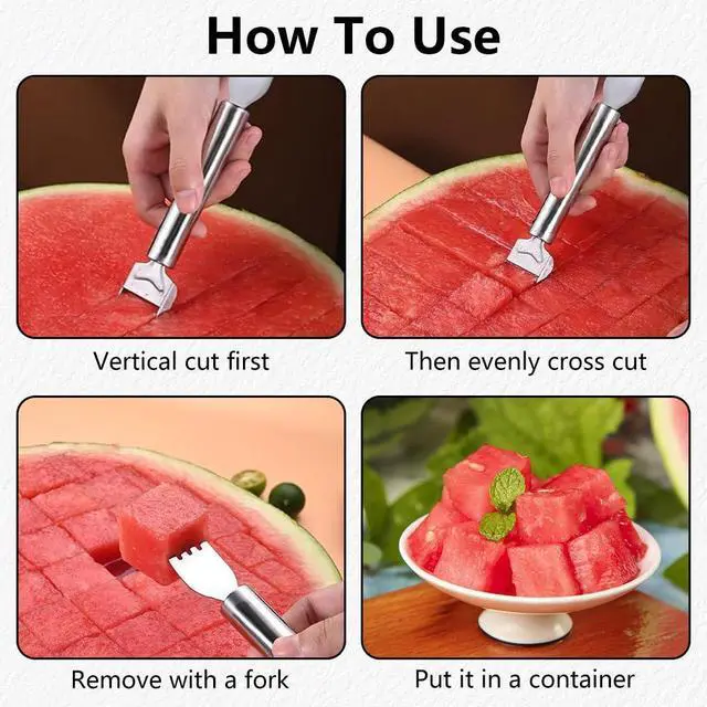 Alt view image 4 of 7 - 2-in-1 Stainless Steel Fruit Cutter, Watermelon Fork Slicer Tool, Watermelon Slicer and Fork, Dual Head Knife with Round Handle for Kitchen Fruit Cubes (1 Piece)
