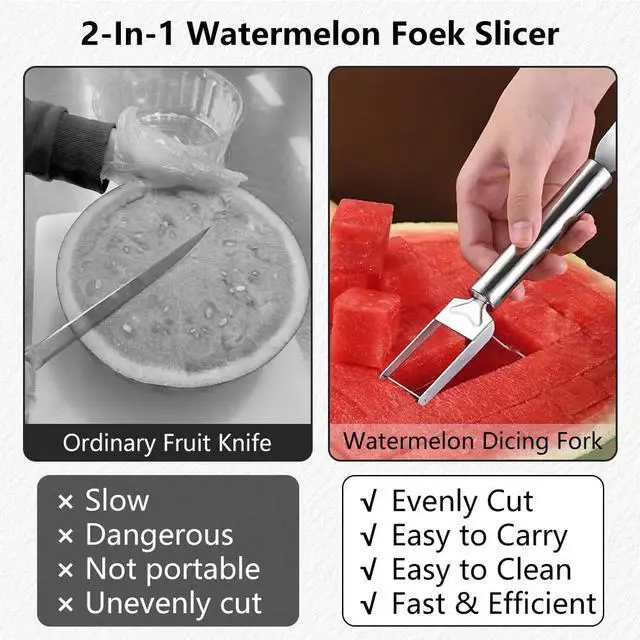 Alt view image 5 of 7 - 2-in-1 Stainless Steel Fruit Cutter, Watermelon Fork Slicer Tool, Watermelon Slicer and Fork, Dual Head Knife with Round Handle for Kitchen Fruit Cubes (1 Piece)