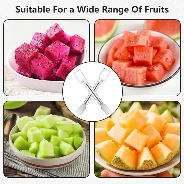 Alt view image 6 of 7 - 2-in-1 Stainless Steel Fruit Cutter, Watermelon Fork Slicer Tool, Watermelon Slicer and Fork, Dual Head Knife with Round Handle for Kitchen Fruit Cubes (1 Piece)