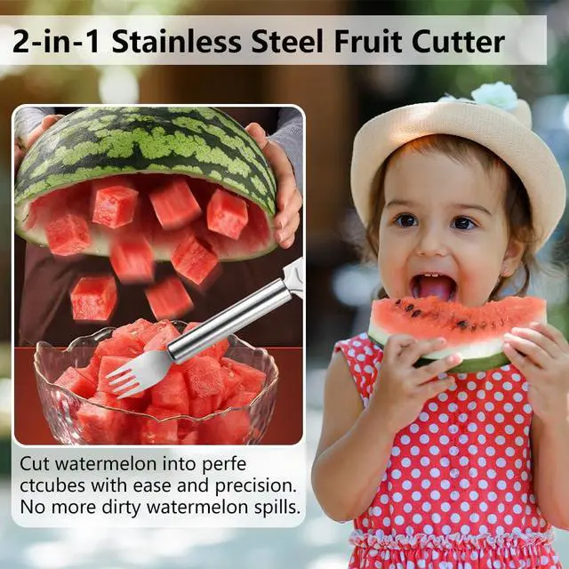 Alt view image 7 of 7 - 2-in-1 Stainless Steel Fruit Cutter, Watermelon Fork Slicer Tool, Watermelon Slicer and Fork, Dual Head Knife with Round Handle for Kitchen Fruit Cubes (1 Piece)