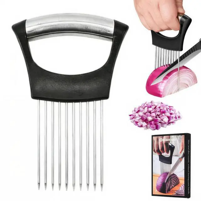 Main image of Onion Holder for Slicing, Stainless Steel Onion Slice Holder with 10 Long Needles, Onion Cutter Vegetable Chopper for Potatoes, Tomatoes, Avocados, Lemon, Eggs and Other Vegetables Fruit (1pcs)