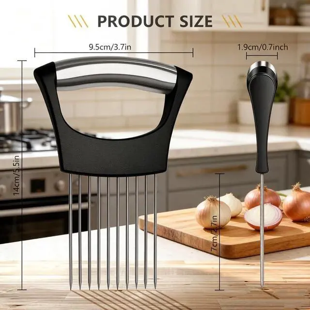 Alt view image 2 of 7 - Onion Holder for Slicing, Stainless Steel Onion Slice Holder with 10 Long Needles, Onion Cutter Vegetable Chopper for Potatoes, Tomatoes, Avocados, Lemon, Eggs and Other Vegetables Fruit (1pcs)