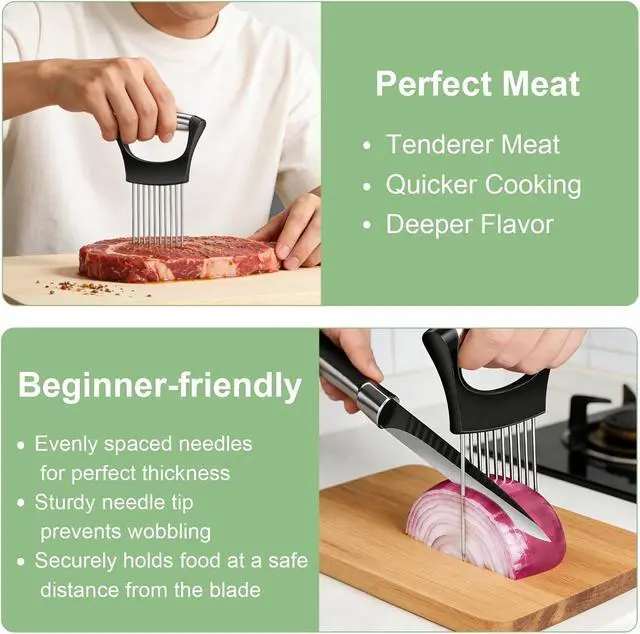 Alt view image 4 of 7 - Onion Holder for Slicing, Stainless Steel Onion Slice Holder with 10 Long Needles, Onion Cutter Vegetable Chopper for Potatoes, Tomatoes, Avocados, Lemon, Eggs and Other Vegetables Fruit (1pcs)