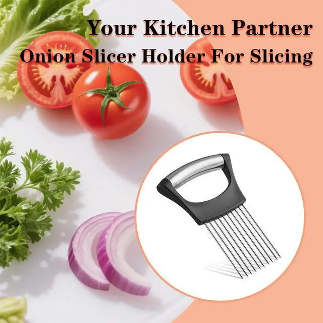 Alt view image 6 of 7 - Onion Holder for Slicing, Stainless Steel Onion Slice Holder with 10 Long Needles, Onion Cutter Vegetable Chopper for Potatoes, Tomatoes, Avocados, Lemon, Eggs and Other Vegetables Fruit (1pcs)
