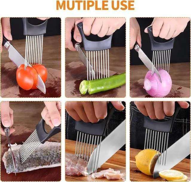 Alt view image 7 of 7 - Onion Holder for Slicing, Stainless Steel Onion Slice Holder with 10 Long Needles, Onion Cutter Vegetable Chopper for Potatoes, Tomatoes, Avocados, Lemon, Eggs and Other Vegetables Fruit (1pcs)