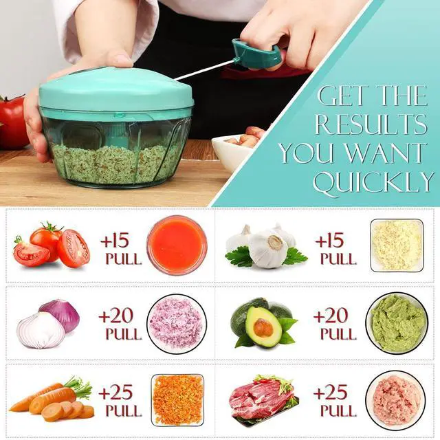 Alt view image 2 of 7 - Manual Food Processor Vegetable Chopper, Portable Hand Pull String Garlic Mincer Onion Cutter for Veggies, Ginger, Fruits, Nuts, Herbs, etc., 500ml, Blue