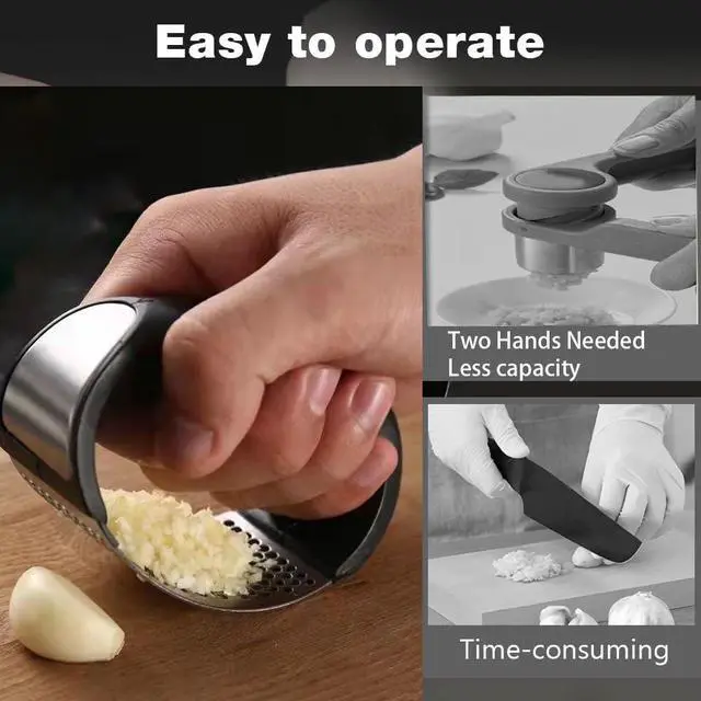 Alt view image 2 of 7 - Garlic Press Rocker,New Stainless Steel Garlic Mincer Garlic Crusher Set,3-in-1 Garlic Crusher,Peeler with Cleaning Brush,Easy Squeeze Rocker Design for Smashing Garlic Kitchen Gadget