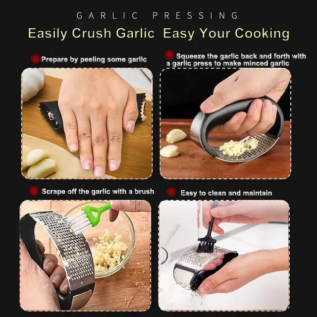 Alt view image 4 of 7 - Garlic Press Rocker,New Stainless Steel Garlic Mincer Garlic Crusher Set,3-in-1 Garlic Crusher,Peeler with Cleaning Brush,Easy Squeeze Rocker Design for Smashing Garlic Kitchen Gadget