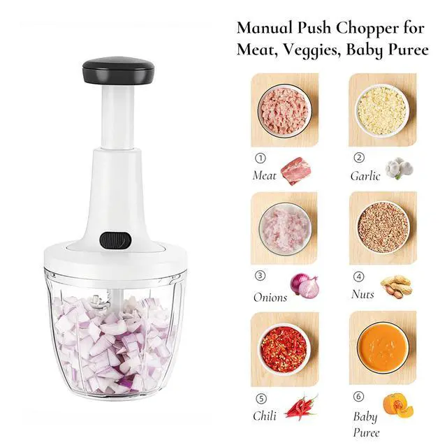 Alt view image 2 of 7 - Manual Food Chopper Hand Push Express Vegetable Dicer Mincer Sharp Blades Onion Cutter Garlic Mincer with Container for Chili Meat Nuts Herbs, Dishwasher Safe