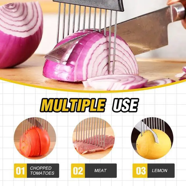 Alt view image 2 of 6 - Onion Holder for Slicing, Stainless Steel Onion Holder for Slicing, Vegetable Slicer Cutter, Stainless Steel Food Slicer Assistant Tool, Onion Chopper Slice Guide for Potato Tomato Avocados (2, A)