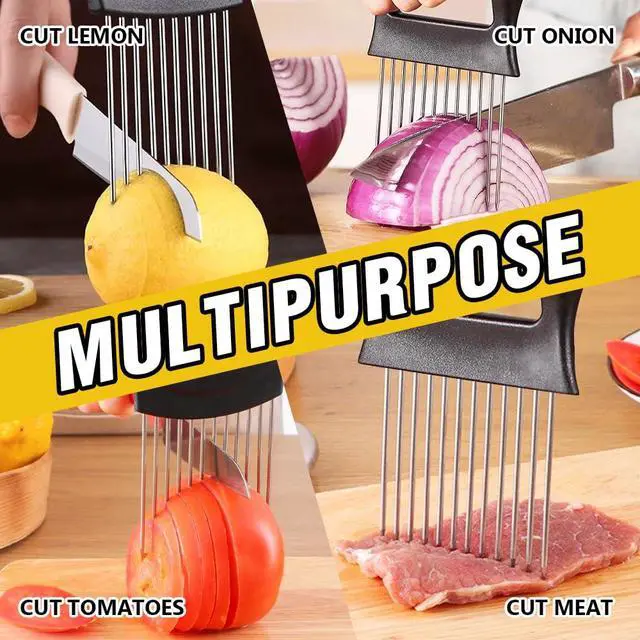 Alt view image 3 of 6 - Onion Holder for Slicing, Stainless Steel Onion Holder for Slicing, Vegetable Slicer Cutter, Stainless Steel Food Slicer Assistant Tool, Onion Chopper Slice Guide for Potato Tomato Avocados (2, A)